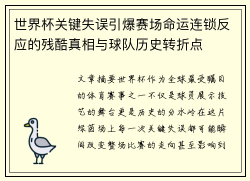 世界杯关键失误引爆赛场命运连锁反应的残酷真相与球队历史转折点 世界杯关键失误引爆赛场命运连锁反应的残酷真相与球队历史转折点